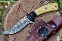 Handmade Damascus Hunting Knife with Sheath | 9'’ EDC Survival Knife for Men | Fixed Blade with Camel Bone Handle .