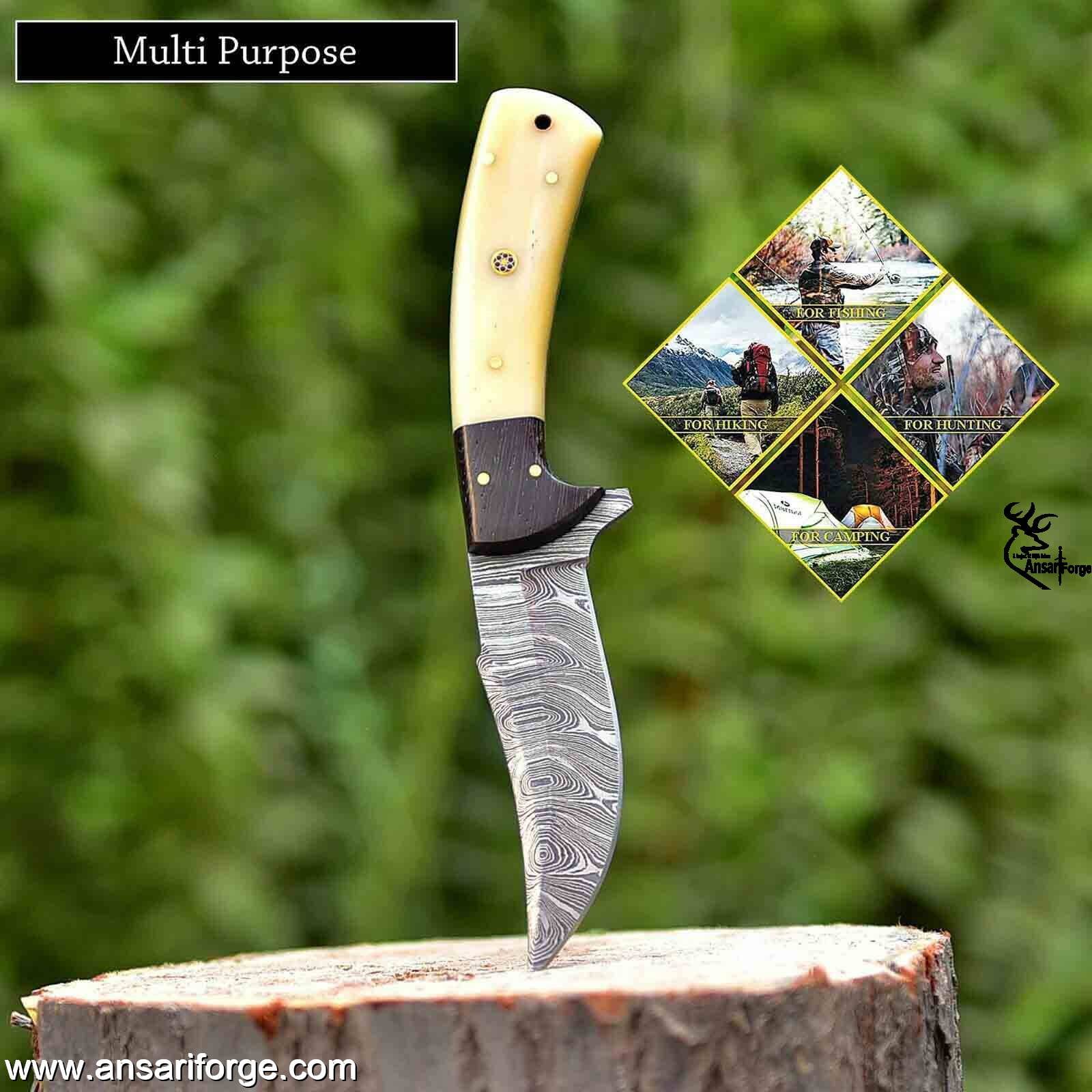 Handmade Damascus Hunting Knife with Sheath | 9'’ EDC Survival Knife for Men | Fixed Blade with Camel Bone Handle