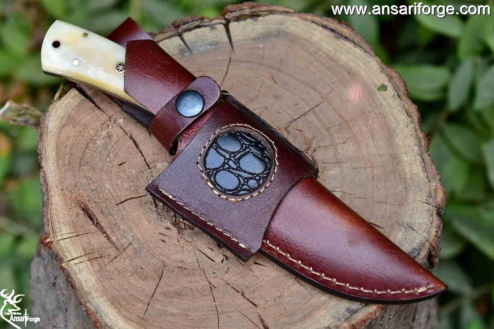 Handmade Damascus Hunting Knife with Sheath | 9'’ EDC Survival Knife for Men | Fixed Blade with Camel Bone Handle