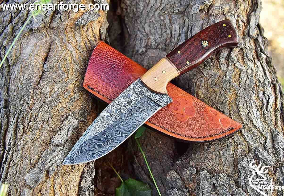 Damascus Steel Hunting Knife, Handmade Full Tang Skinner Knife, Fixed-Blade-Knife & Hunting Knife, Camping Knives & Hunting Knives, Olive Wood & Rose Wood Handle with Leather Knife Sheath .