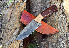 Damascus Steel Hunting Knife, Handmade Full Tang Skinner Knife, Fixed-Blade-Knife & Hunting Knife, Camping Knives & Hunting Knives, Olive Wood & Rose Wood Handle with Leather Knife Sheath .