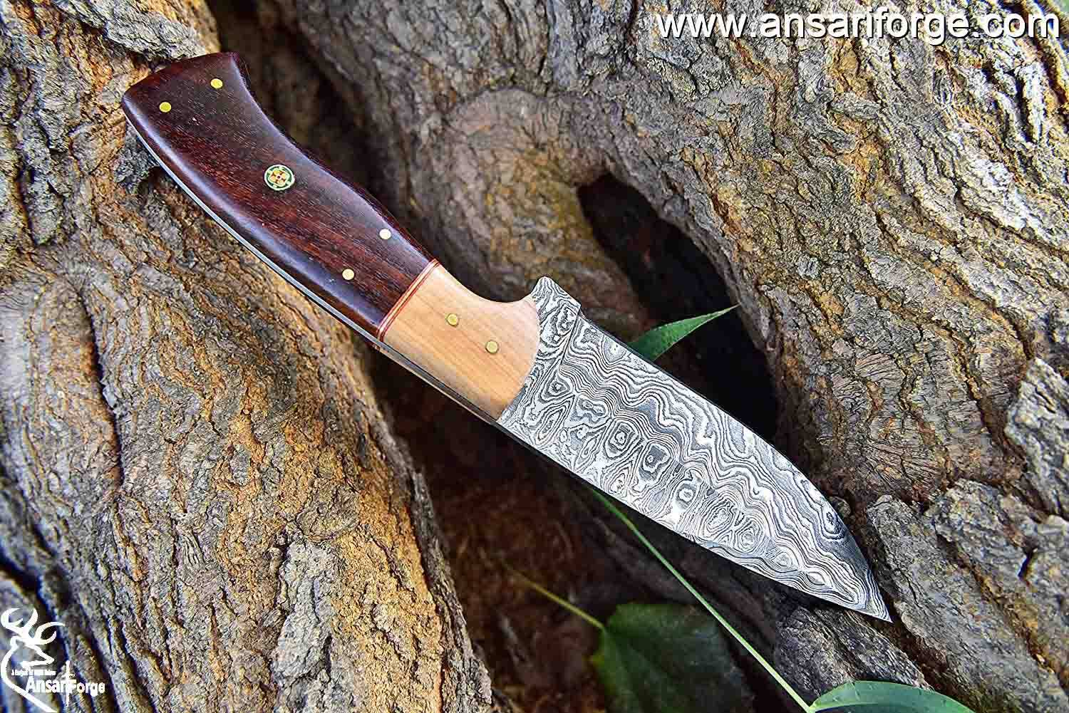 Damascus Steel Hunting Knife, Handmade Full Tang Skinner Knife, Fixed-Blade-Knife & Hunting Knife, Camping Knives & Hunting Knives, Olive Wood & Rose Wood Handle with Leather Knife Sheath