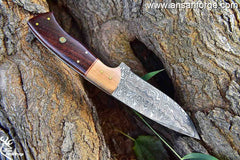 Damascus Steel Hunting Knife, Handmade Full Tang Skinner Knife, Fixed-Blade-Knife & Hunting Knife, Camping Knives & Hunting Knives, Olive Wood & Rose Wood Handle with Leather Knife Sheath