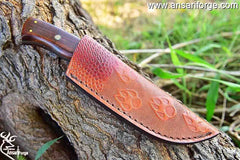 Damascus Steel Hunting Knife, Handmade Full Tang Skinner Knife, Fixed-Blade-Knife & Hunting Knife, Camping Knives & Hunting Knives, Olive Wood & Rose Wood Handle with Leather Knife Sheath