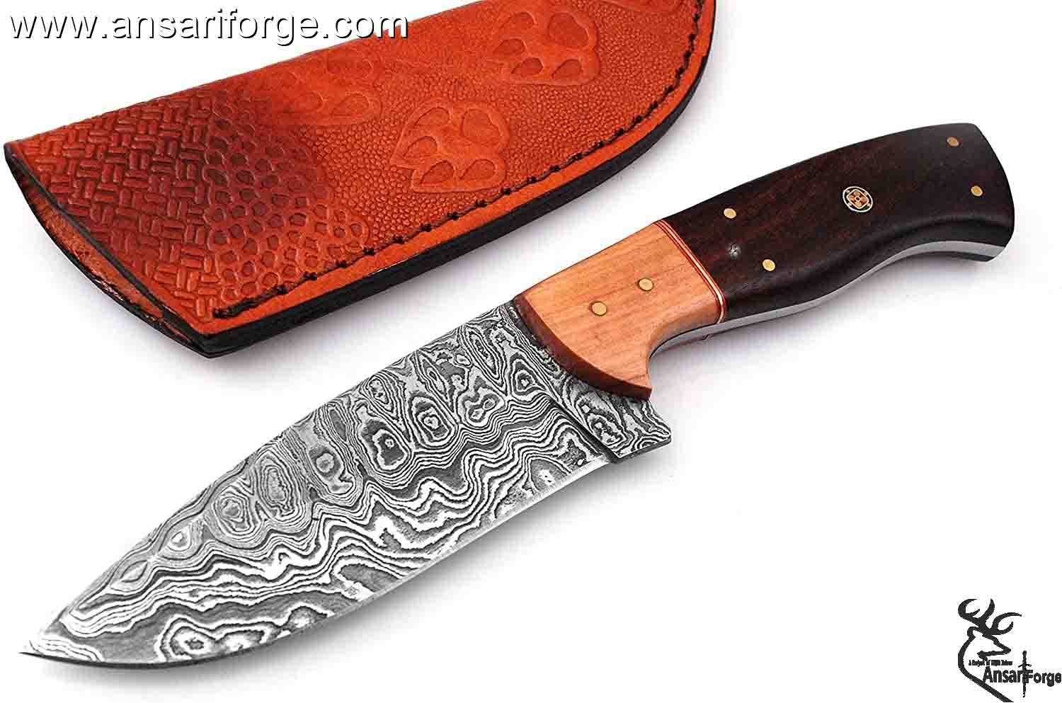Damascus Steel Hunting Knife, Handmade Full Tang Skinner Knife, Fixed-Blade-Knife & Hunting Knife, Camping Knives & Hunting Knives, Olive Wood & Rose Wood Handle with Leather Knife Sheath