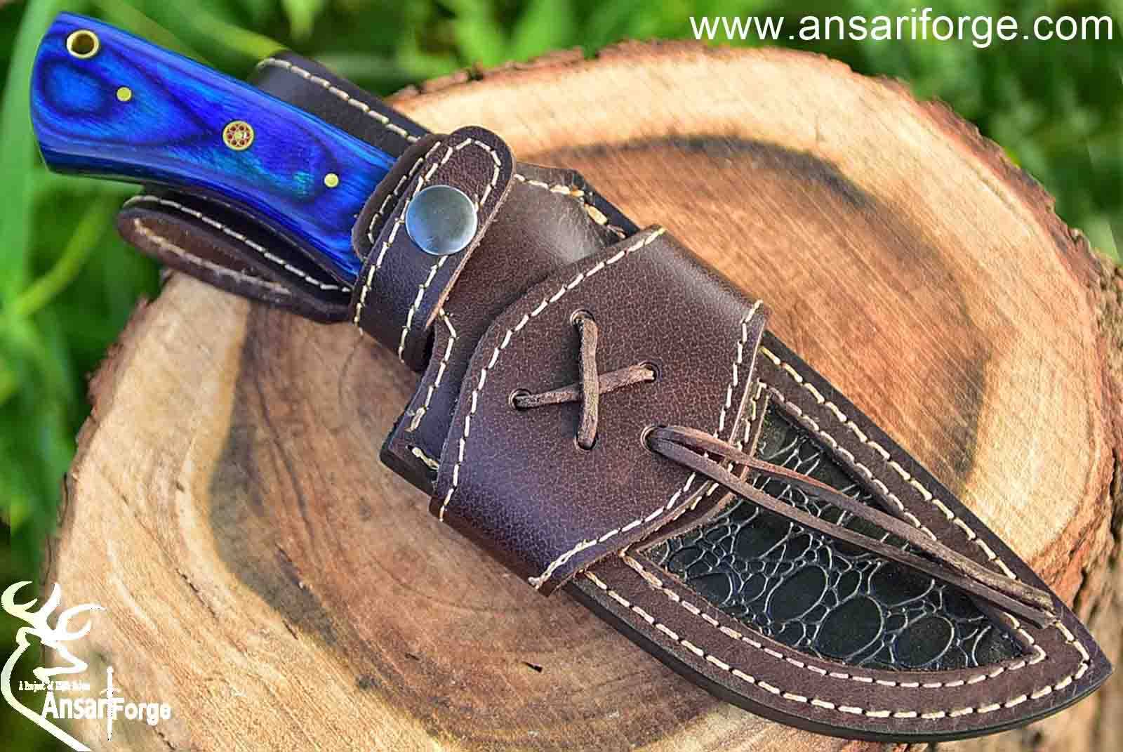 9.0" Overall Length Handmade Damascus Steel Hunting Fixed Blade Skinner Knife With Leather Sheath, Pakka wood Handle Blue