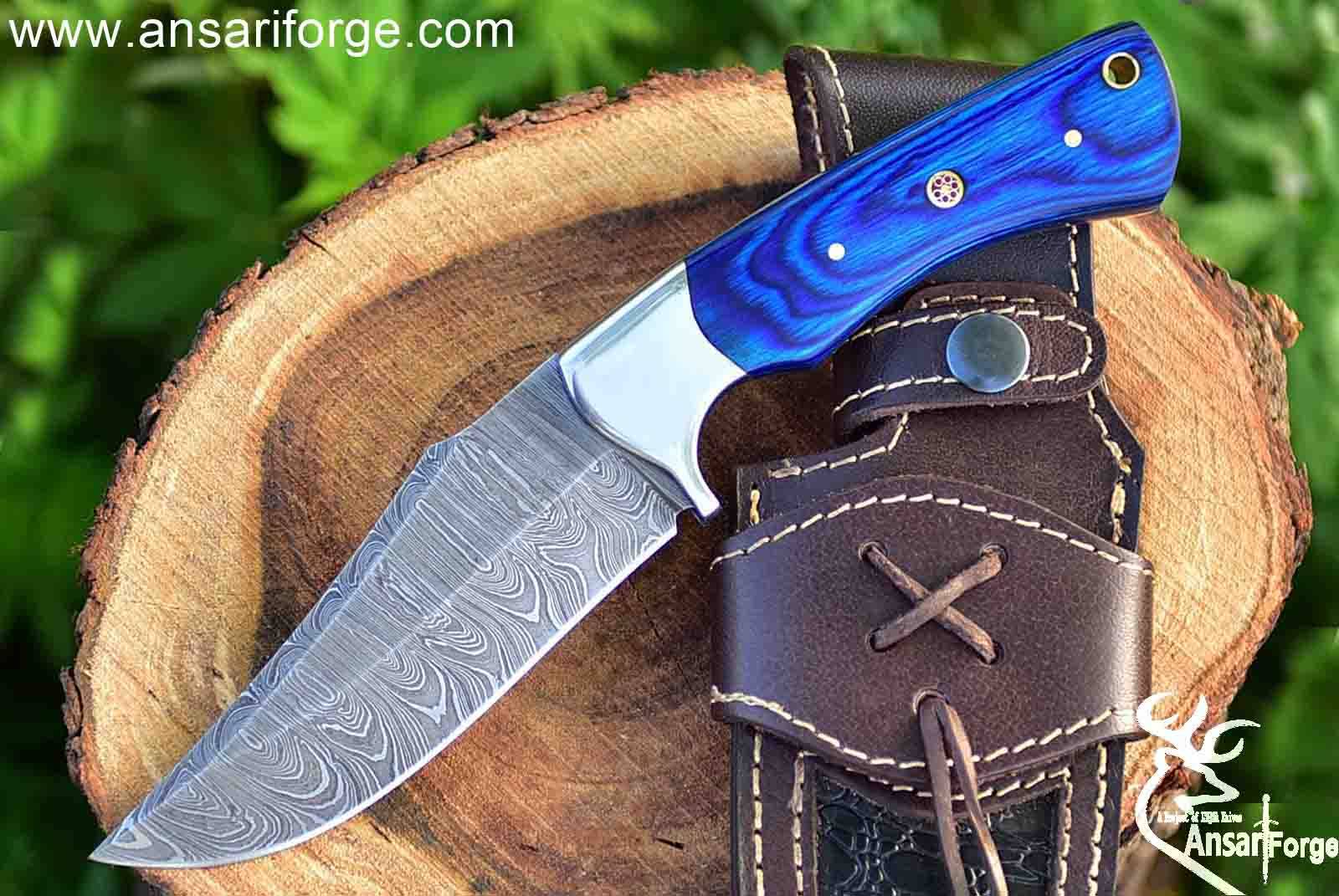 9.0" Overall Length Handmade Damascus Steel Hunting Fixed Blade Skinner Knife With Leather Sheath, Pakka wood Handle Blue