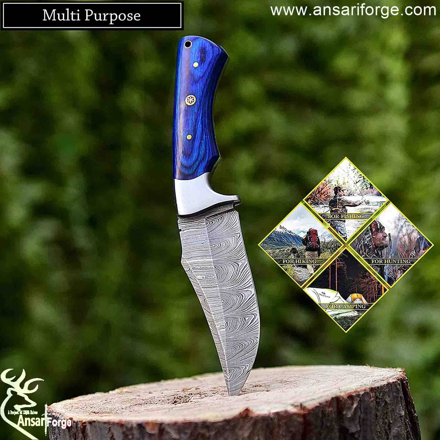 9.0" Overall Length Handmade Damascus Steel Hunting Fixed Blade Skinner Knife With Leather Sheath, Pakka wood Handle Blue