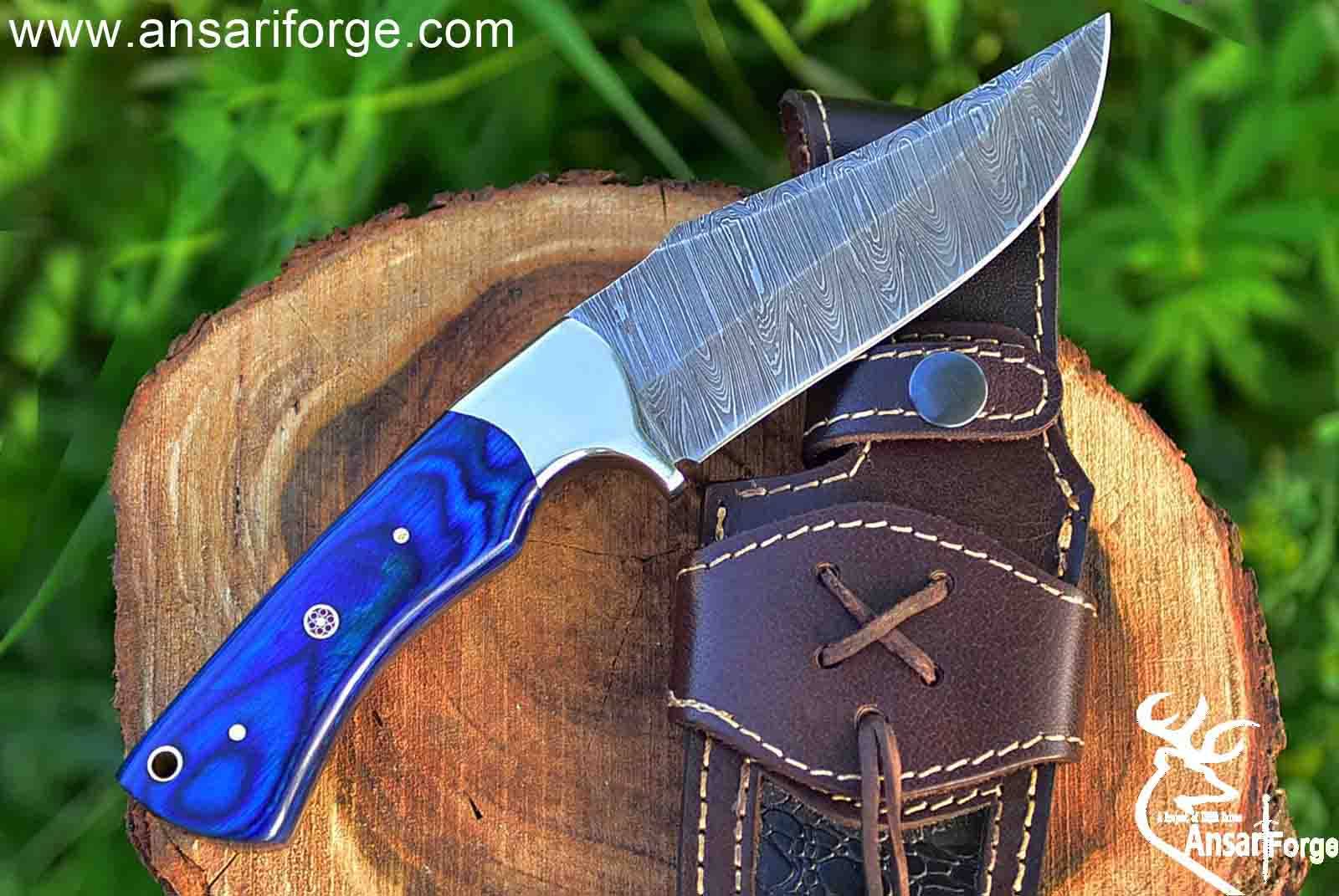 9.0" Overall Length Handmade Damascus Steel Hunting Fixed Blade Skinner Knife With Leather Sheath, Pakka wood Handle Blue