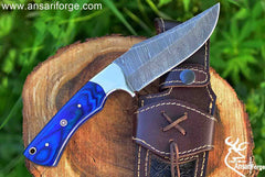 9.0" Overall Length Handmade Damascus Steel Hunting Fixed Blade Skinner Knife With Leather Sheath, Pakka wood Handle Blue