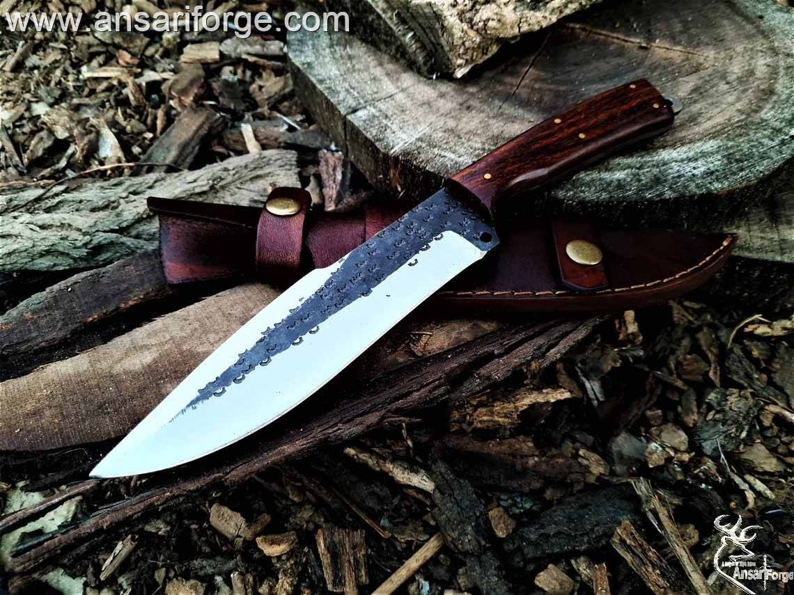 Custom handmade 1095 steel hunting knife 1095 steel full tang hammered blade with 60 HRC hardness , Rosewood handle and cowhide leather sheath . 