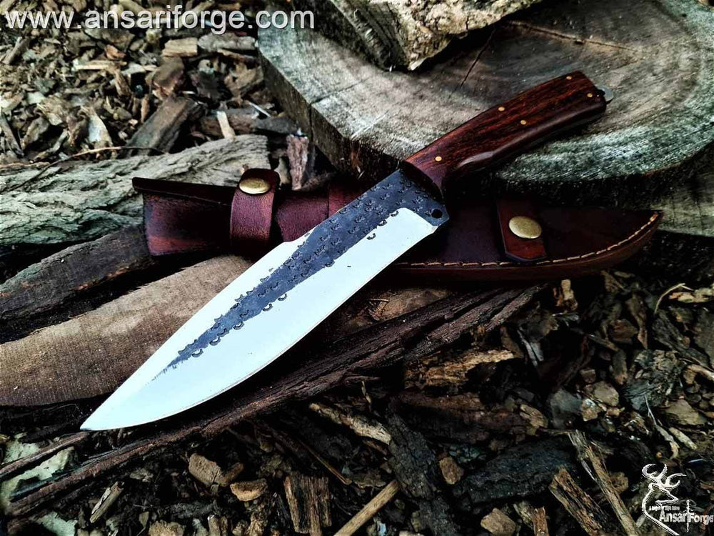 Custom handmade 1095 steel hunting knife 1095 steel full tang hammered blade with 60 HRC hardness , Rosewood handle and cowhide leather sheath . 