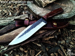 Custom handmade 1095 steel hunting knife 1095 steel full tang hammered blade with 60 HRC hardness , Rosewood handle and cowhide leather sheath . 