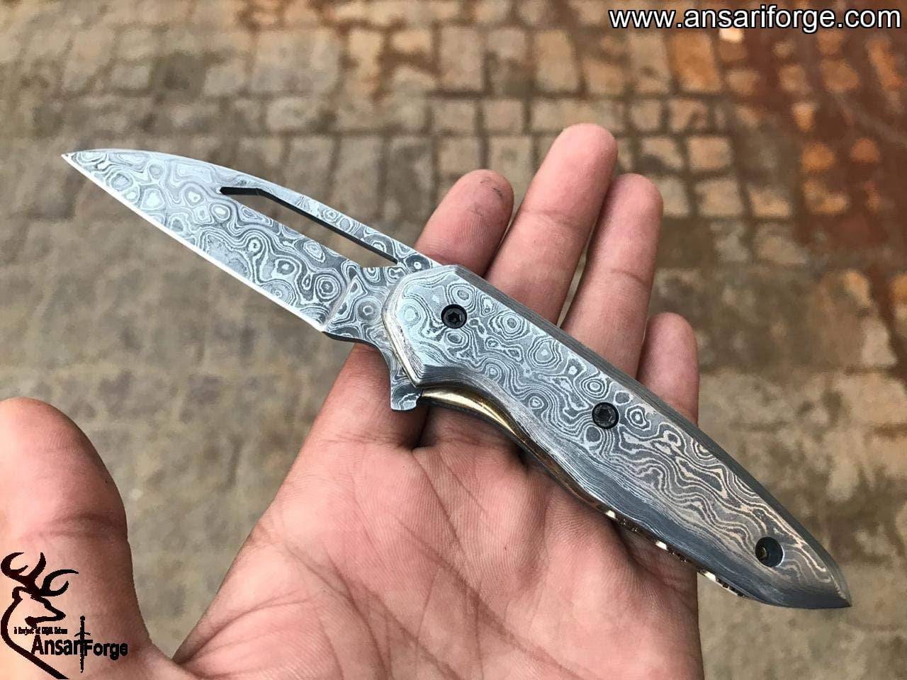 Handmade Damascus steel Folding Knife With Leather Pouch