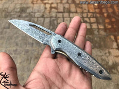 Handmade Damascus steel Folding Knife With Leather Pouch