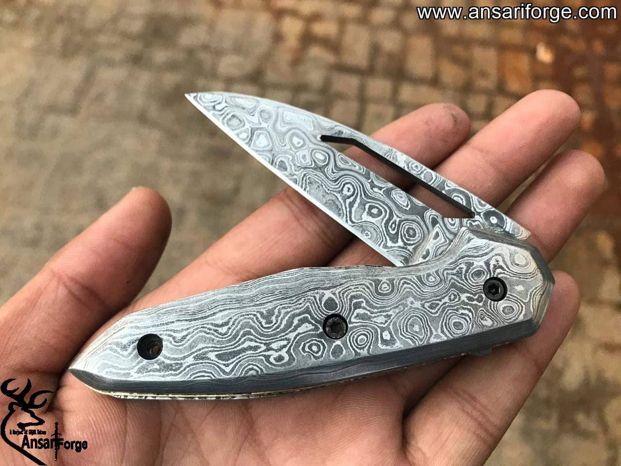 Handmade Damascus steel Folding Knife With Leather Sheath