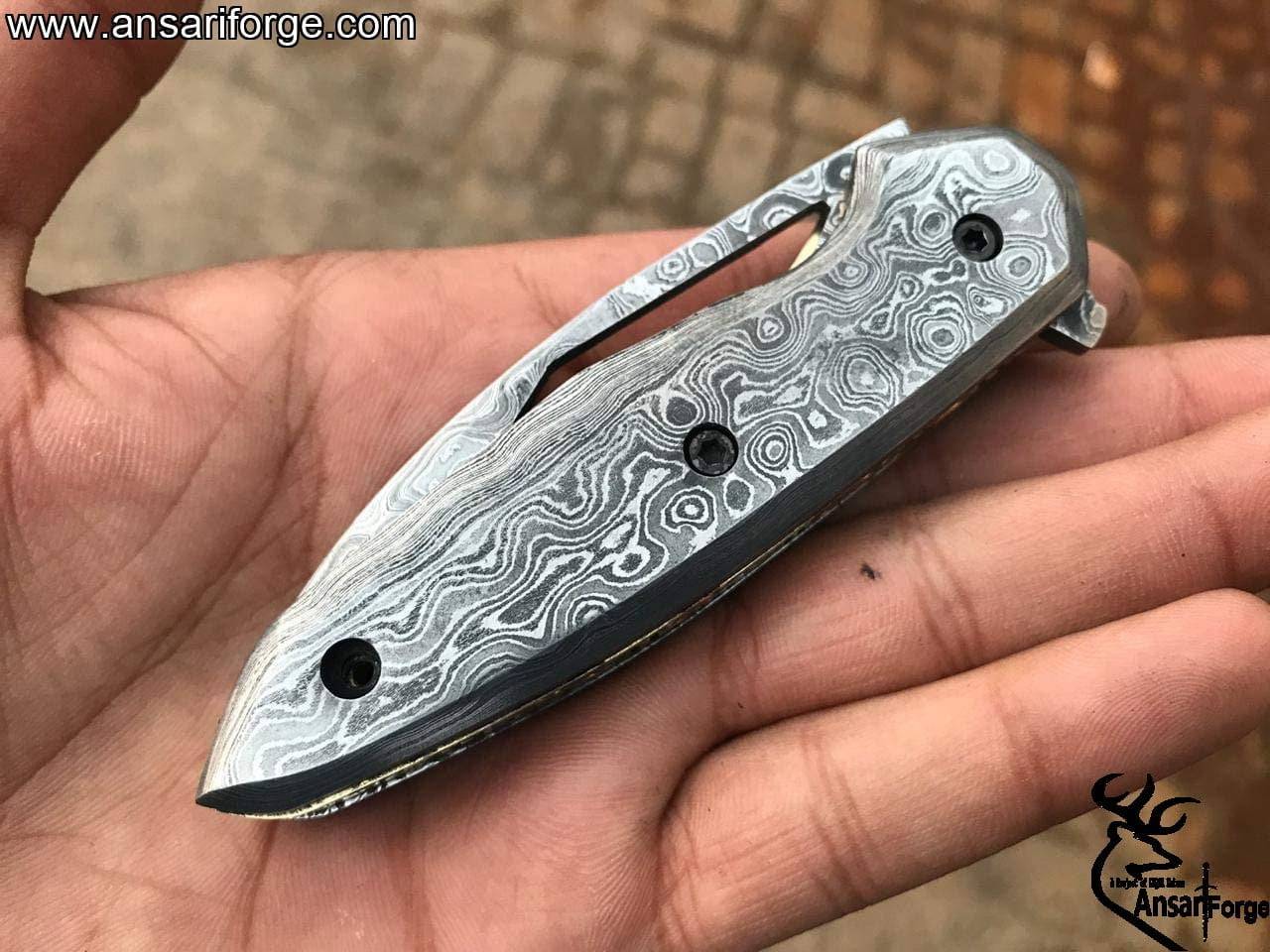 Handmade Damascus steel Folding Knife With Leather Sheath