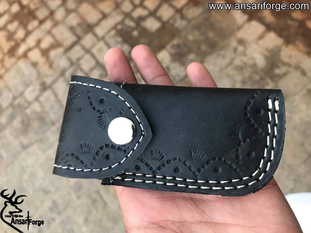 Handmade Damascus steel Folding Knife With Leather Sheath