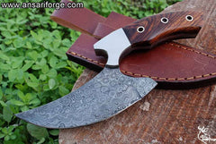 Custom Handmade Damascus Steel Rain Drop Hunting Knife With Leather Sheath