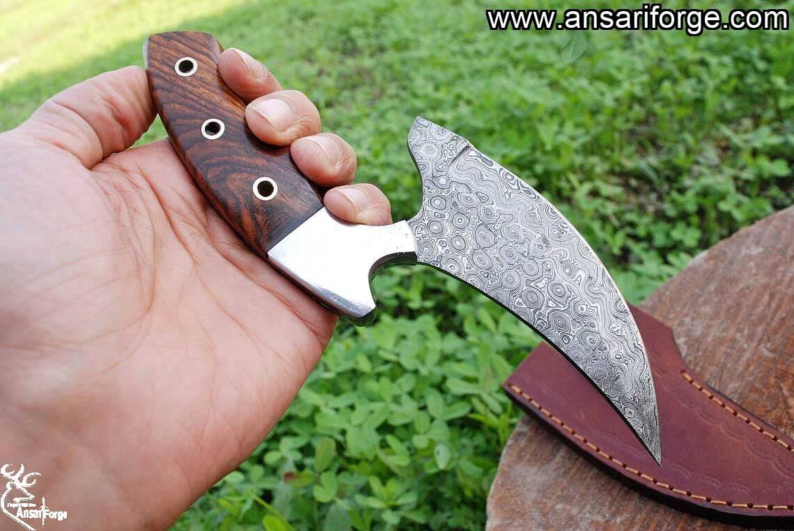 Custom Handmade Damascus Steel Rain Drop Hunting Knife With Leather Sheath