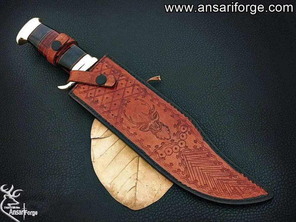 The Crocodile Dundee Bowie Knife resting in its genuine cowhide leather sheath.