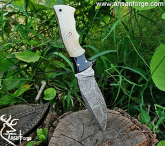 Damascus steel fixed blade hunting knife with sheath