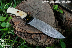 Damascus steel fixed blade hunting knife with sheath