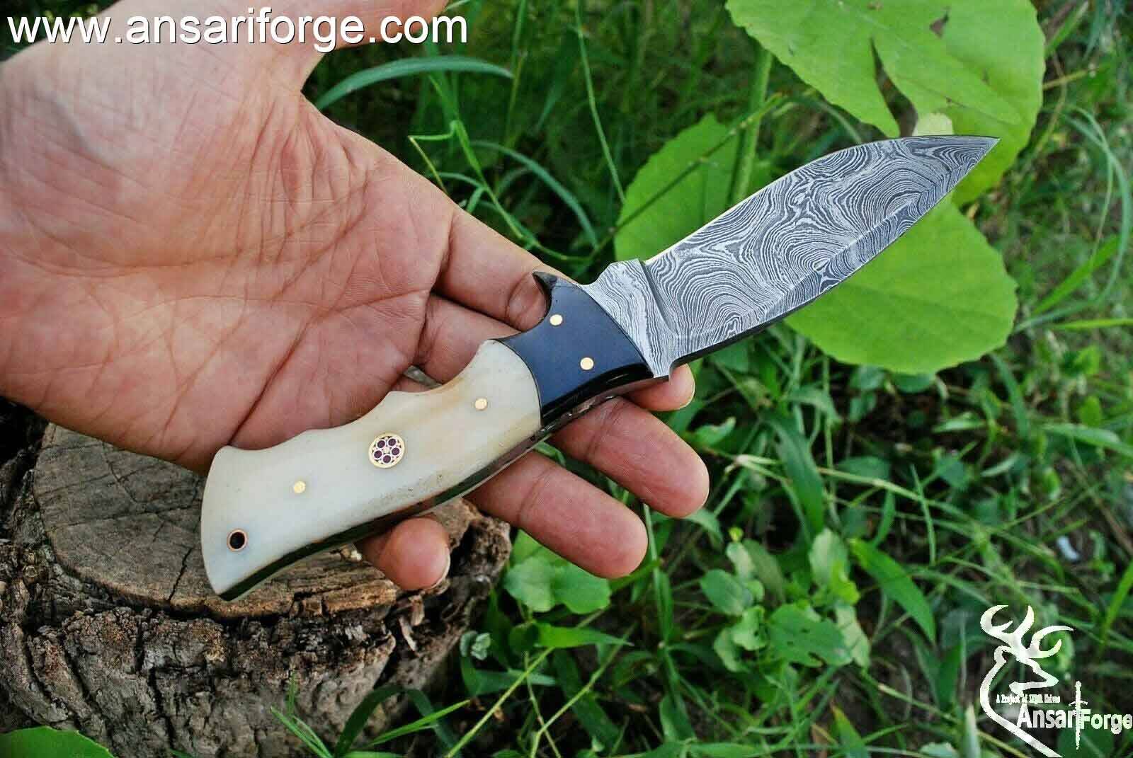 Damascus steel fixed blade hunting knife with sheath