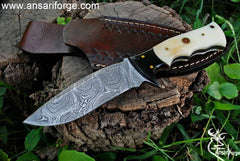 Damascus steel fixed blade hunting knife with sheath