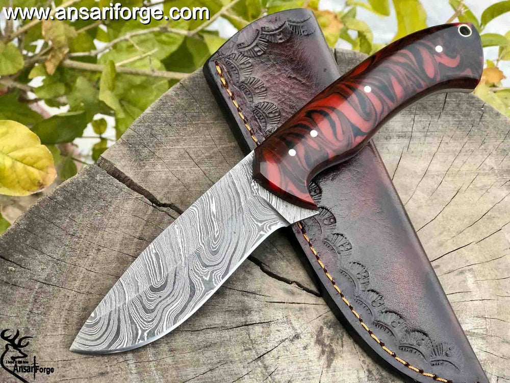Custom Made Fixed Blade Damascus Hunting Knife With Sheath | Ansari Forge