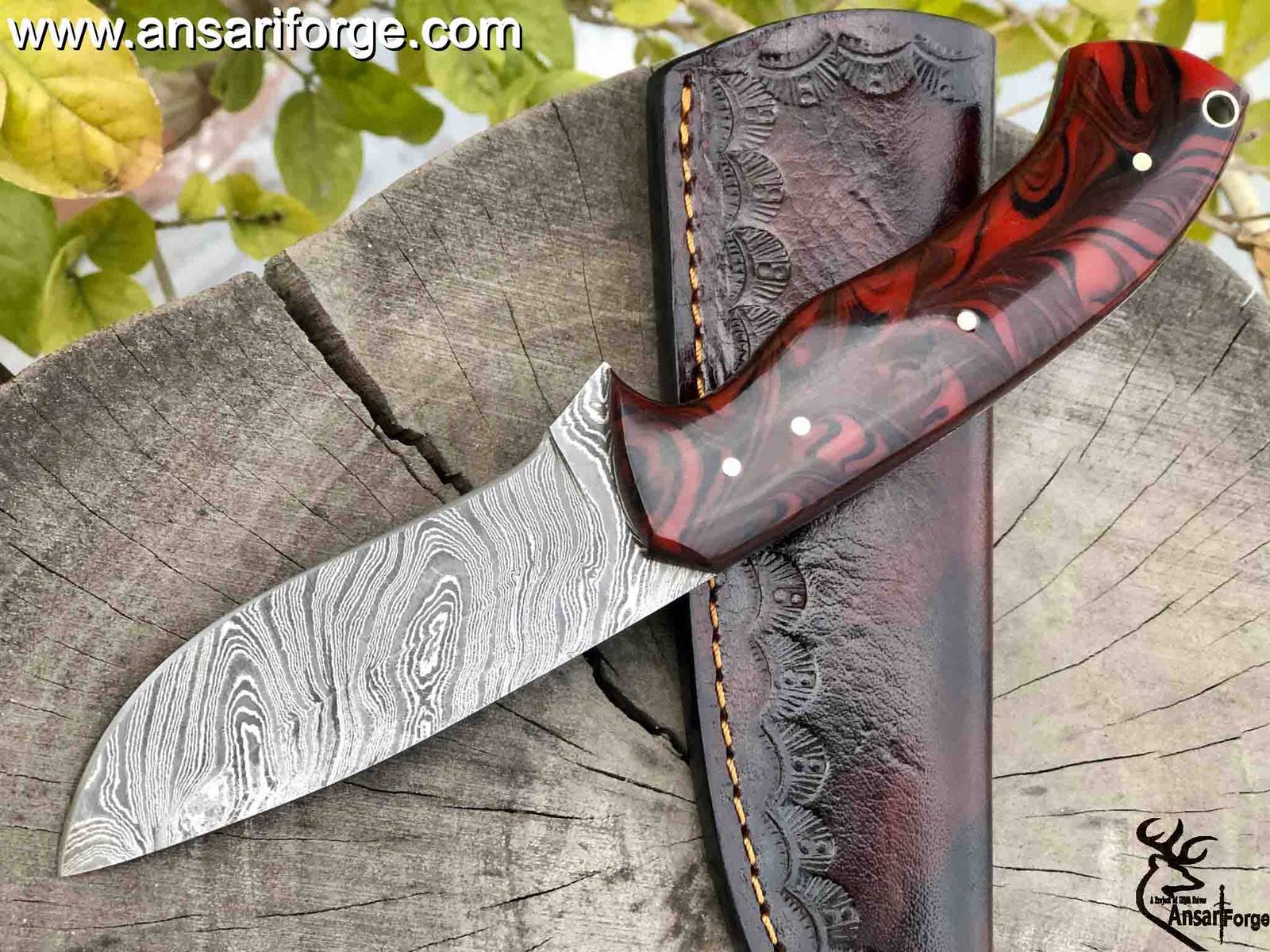 Custom Made Fixed Blade Damascus Hunting Knife With Sheath | Ansari Forge