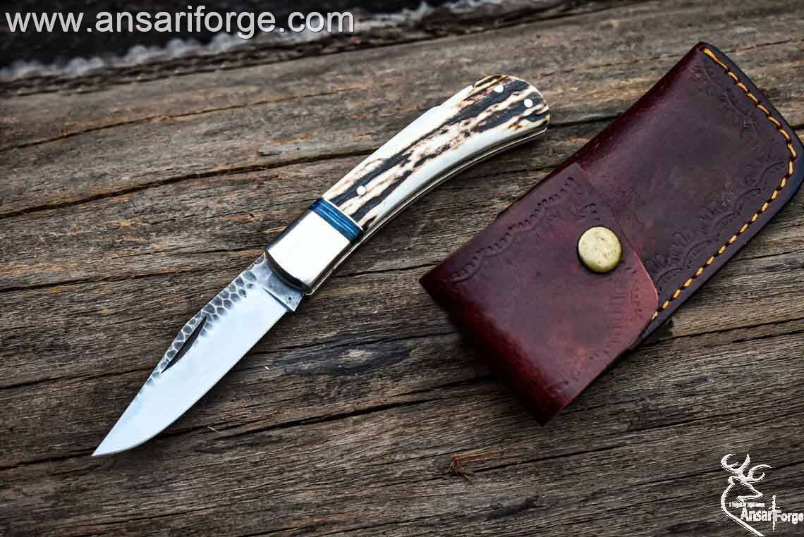 Custom Pocket Knife - High Carbon Steel Folding Blade, Stag Antler Handle.