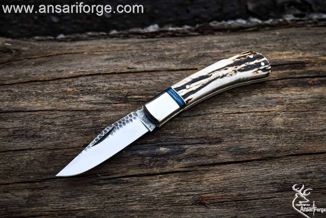 Handcrafted Custom Pocket Knife with Stag Antler Handle | Best EDC Knife by Ansari Forge.