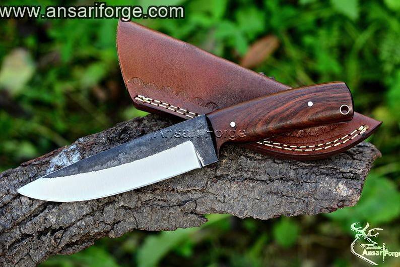 Custom handmade forged hunting knife with leather sheath