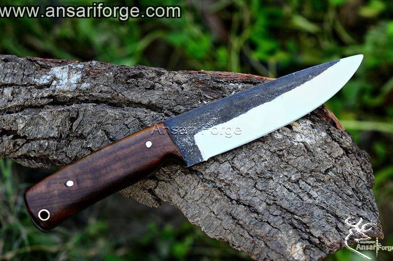 Custom handmade forged hunting knife with leather sheath
