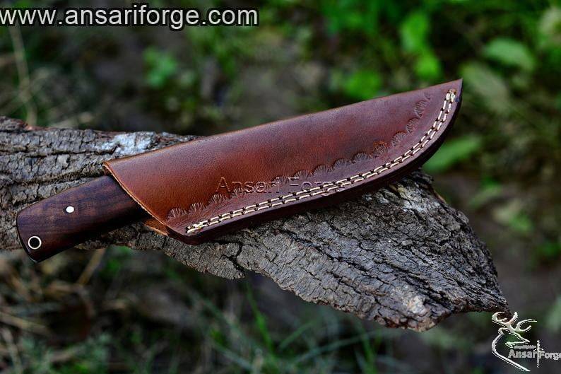 Custom handmade forged hunting knife with leather sheath