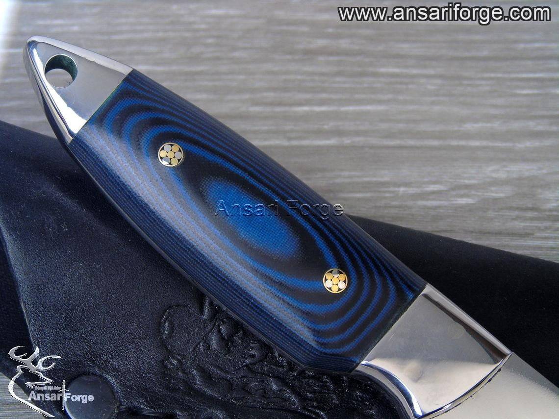 Best hunting knife with hand-forged 440C steel full tang drop point blade, mirror-polished finish, G10 handle, and genuine cowhide leather sheath by Ansari Forge.