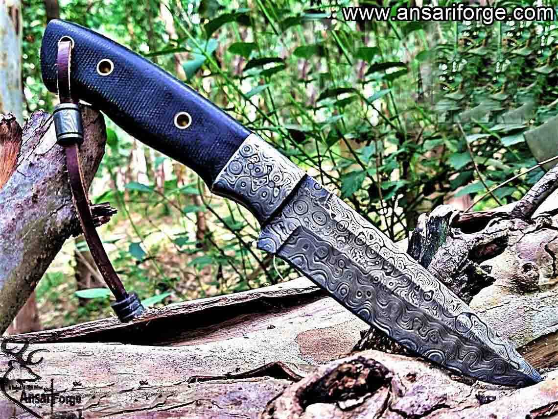Custom Handmade Fixed Blade Damascus Hunting Knife with Leather Sheath - Drop Point Rain Drop Blade Utility Knife