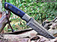 Custom Handmade Fixed Blade Damascus Hunting Knife with Leather Sheath - Drop Point Rain Drop Blade Utility Knife
