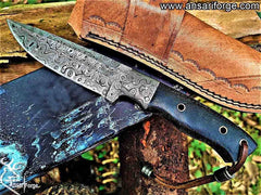Custom Handmade Fixed Blade Damascus Hunting Knife with Leather Sheath - Drop Point Rain Drop Blade Utility Knife