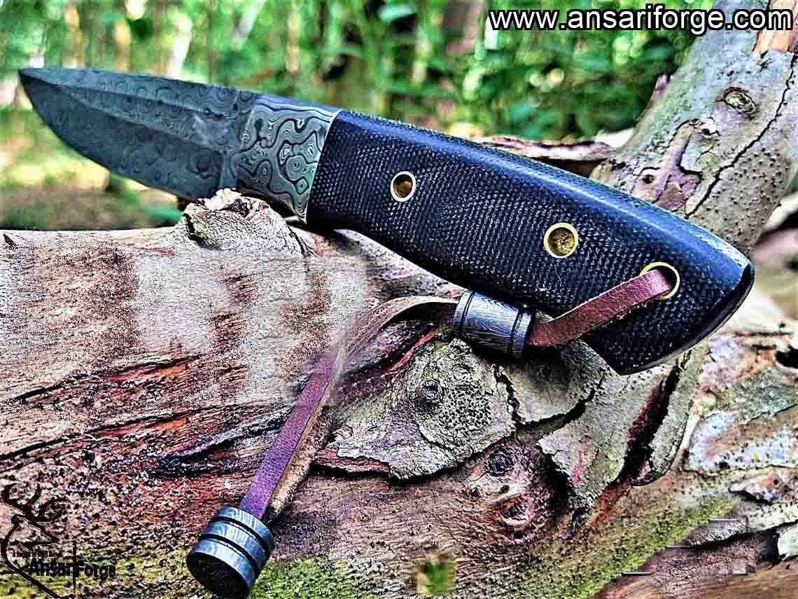 Custom Handmade Fixed Blade Damascus Hunting Knife with Leather Sheath - Drop Point Rain Drop Blade Utility Knife