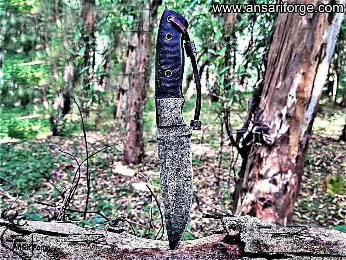 Custom Handmade Fixed Blade Damascus Hunting Knife with Leather Sheath - Drop Point Rain Drop Blade Utility Knife