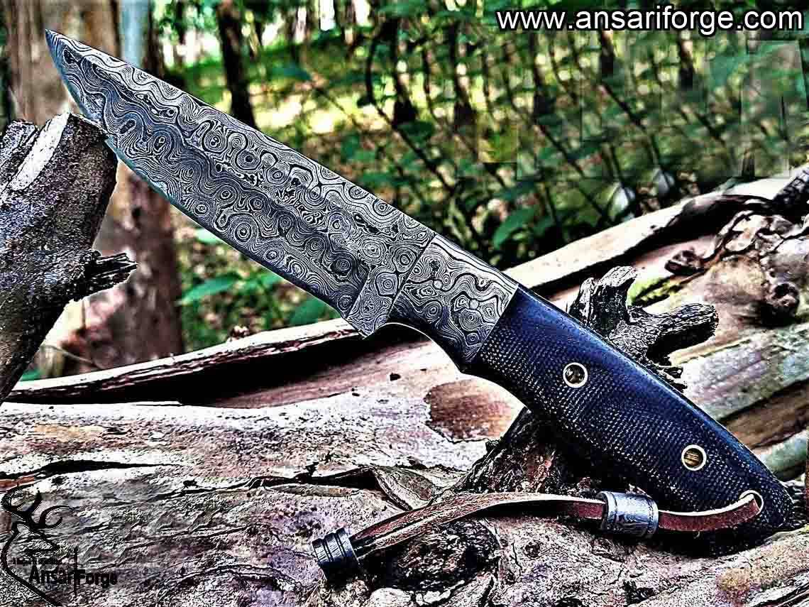 Custom Handmade Fixed Blade Damascus Hunting Knife with Leather Sheath - Drop Point Rain Drop Blade Utility Knife