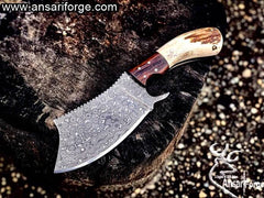 Custom made Damascus steel cleaver chopping knife with leather sheath