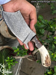 Custom made Damascus steel cleaver chopping knife with leather sheath