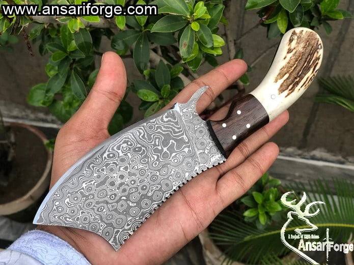 Custom made Damascus steel cleaver chopping knife with leather sheath
