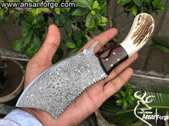 Custom made Damascus steel cleaver chopping knife with leather sheath