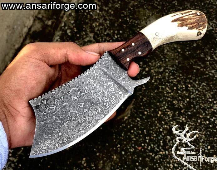Custom made Damascus steel cleaver chopping knife with leather sheath