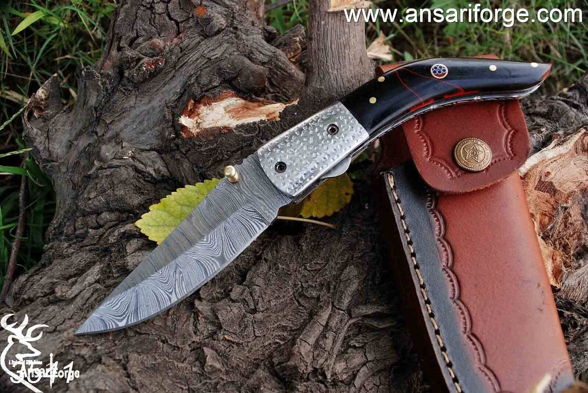Damascus steel folding blade pocket knife 