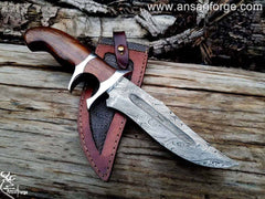 Custom handmade Damascus steel wood handle hunting knife Damascus steel 1095 & 15n20 hand forged twisted blade with 58 - 60 HRC hardness and blood grove . Stainless steel hilts and walnut wood handle . Always comes with genuine customize cowhide leather sheath 